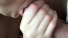 girl caresses hubby's cock and cum