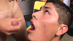 He jerks his own prick to orgasm while his anal hole is being drilled deep