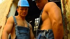Butch builders with muscular bodies use their mouths on big meat